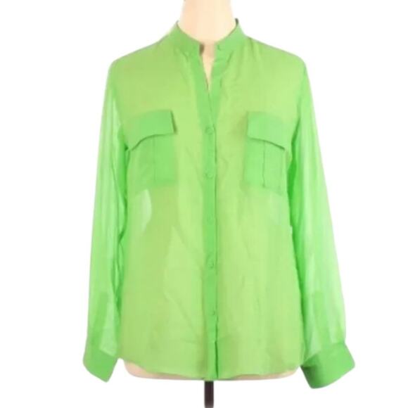 Erin Fetherston Long Sleeve Neon Green Silk Button Down Blouse NWT XL - Picture 2 of 4